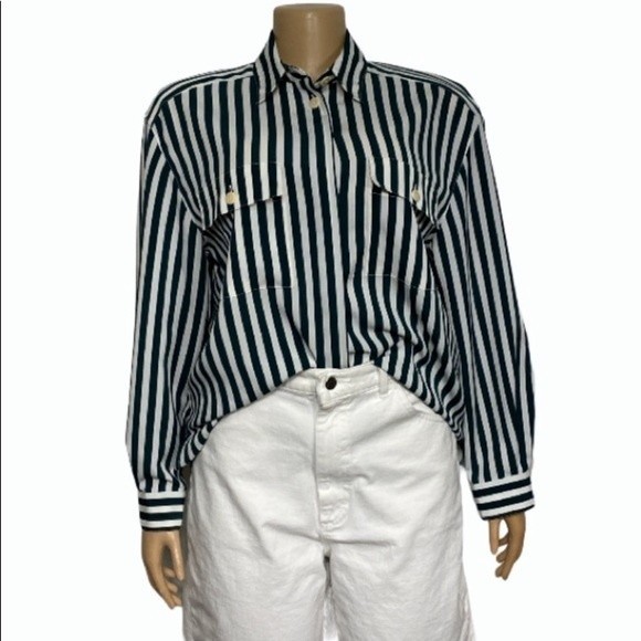 Vintage 90s Chaus Striped Button Down Blouse Emerald Green White size 10 - Picture 7 of 16